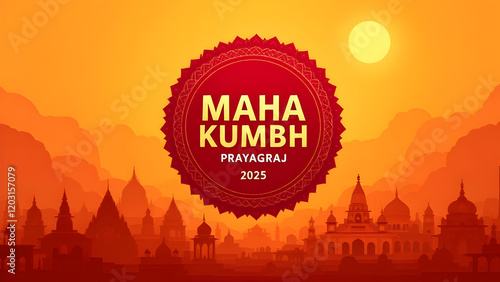 Traditional Mahakumbh 2025 Prayagraj Poster with Temples and Sunrise photo