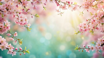Spring floral border with delicate pink blossoms on a pastel background, garden, blossom,  garden, blossom, petals, nature