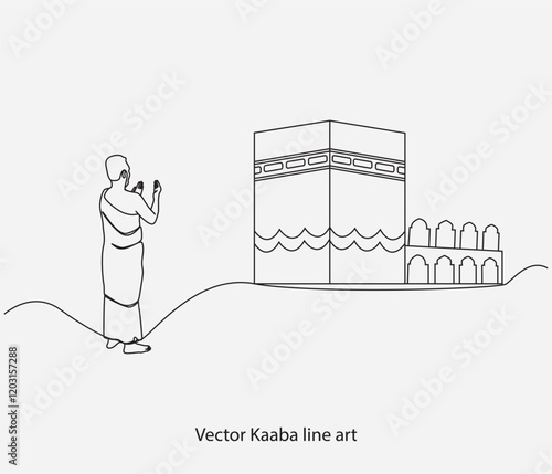 Continuous line of men praying in front of the Kaaba. Hajj and Umrah activity concept. 