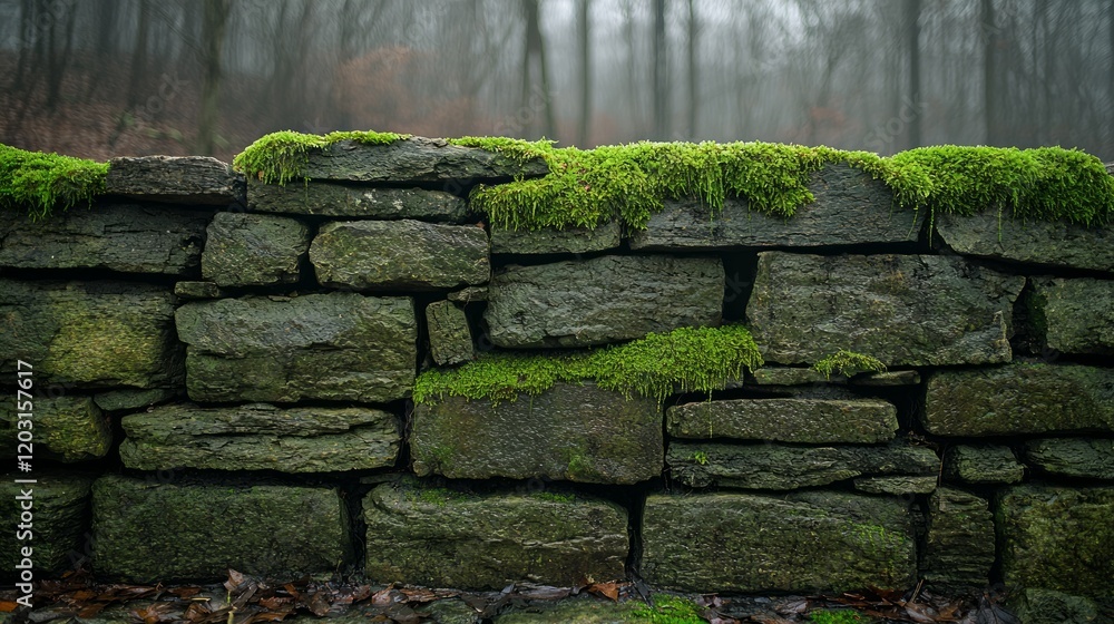 Mossy stone wall in misty forest, nature background, website design Mossy stone wall in misty forest, nature background, website design