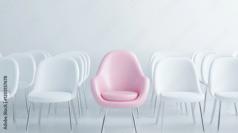 Obraz premium A pink chair among white chairs on a plain background, the concept of being different or a leader in a team and business success, 3D rendering.