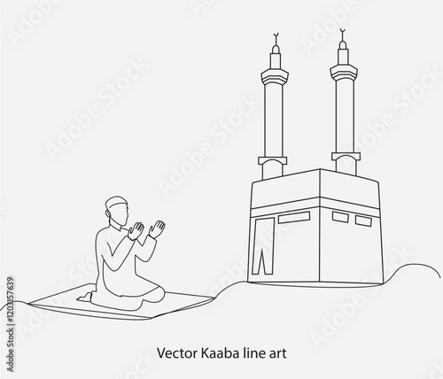 Continuous line of men praying in front of the Kaaba. Hajj and Umrah activity concept. 
