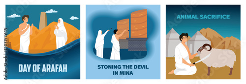 PrintTwo people praying on Mount Arafat. Hajj Pilgrims Perform Pebble Throwing Ritual in Mina. Man Preparing to Sacrifice Animal Outdoors. Set flat vector modern illustration