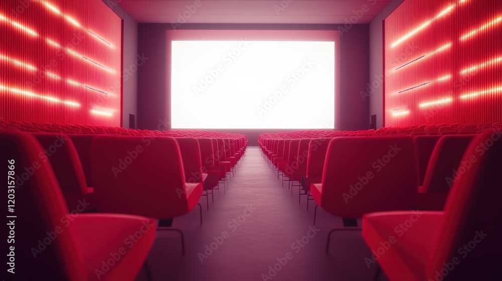 People in the cinema auditorium with Cinema blank wide screen and red chairs in the cinema hall,People silhouettes watching movie performance,empty white screen,space for text,copy space. People in the cinema auditorium with Cinema blank wide screen and red chairs in the cinema hall,People silhouettes watching movie performance,empty white screen,space for text,copy space.