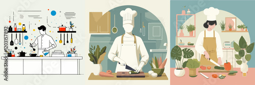 illustration of person cooking. kitchen elements