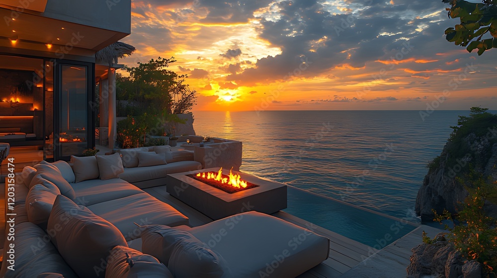 Fototapeta premium Oceanfront villa sunset fire pit luxury relaxation