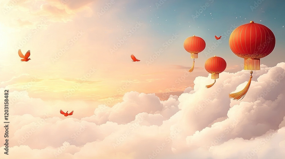 Fototapeta premium Serene Sky Chinese Lanterns Floating Amongst Clouds and Birds