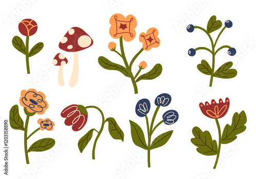  Nature Inspired Floral and Mushroom Set. A collection of eight illustrations, featuring rosebuds, mushrooms, berries, and decorative flowers. Perfect for botanical, nature-themed projects
