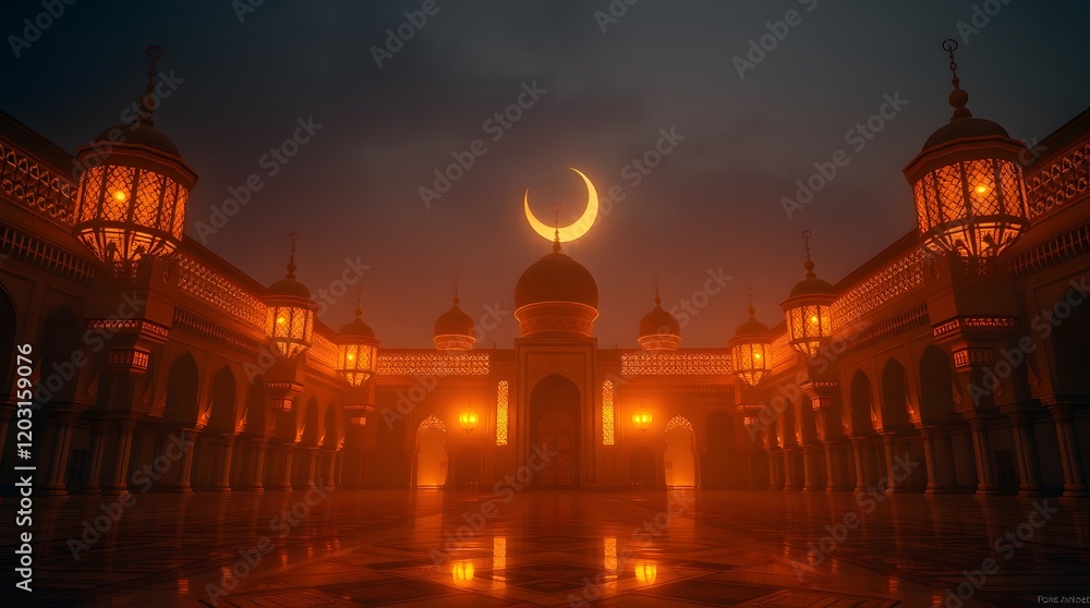 Naklejka premium Golden Mosque Night Scene Crescent Moon Warm Lighting