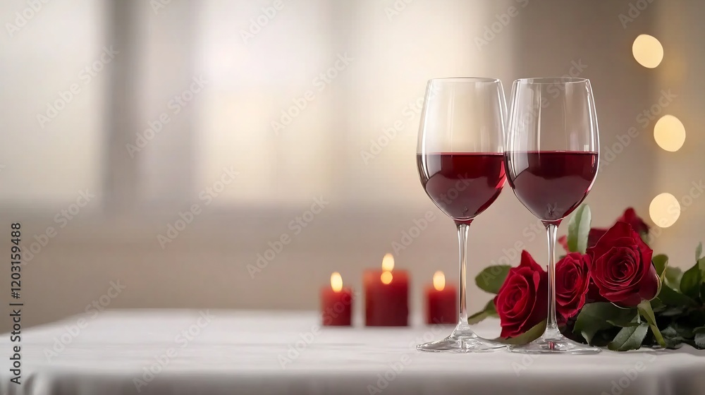 Romantic red wine glasses softly lit beside roses. AI Generated Romantic red wine glasses softly lit beside roses. AI Generated