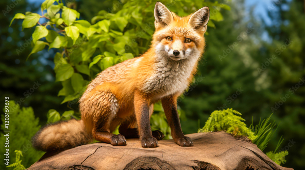 Obraz premium Red fox resting on a log surrounded by greenery in a forest setting during daylight hours