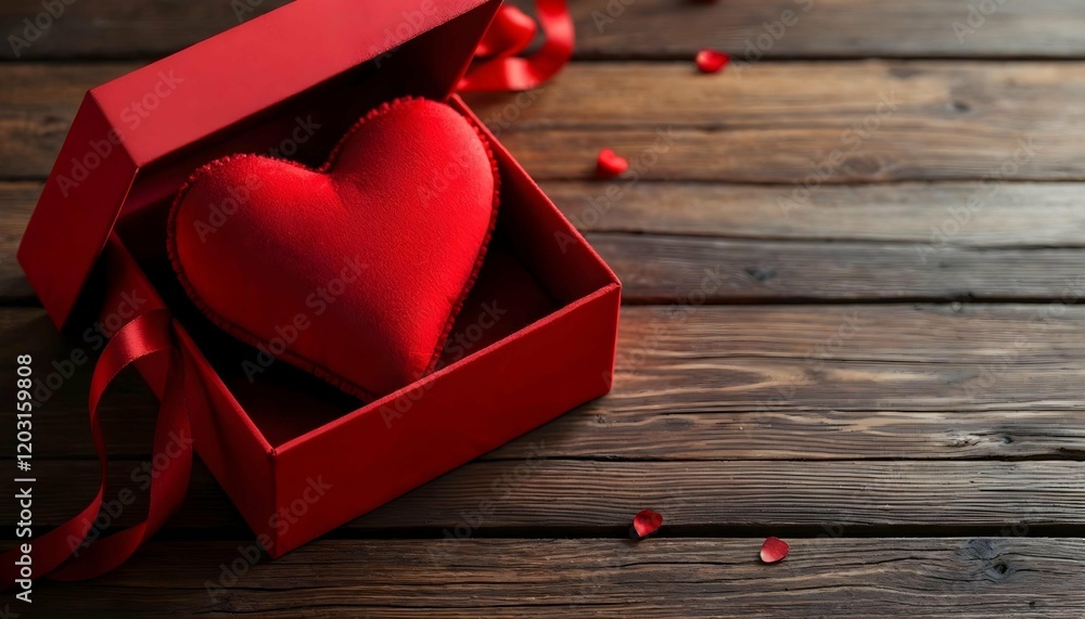A red heart in a box sits on a wooden table, symbolizing love for Valentine's Day A red heart in a box sits on a wooden table, symbolizing love for Valentine's Day