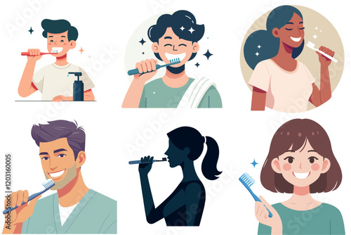 set illustration of person brushing teeth