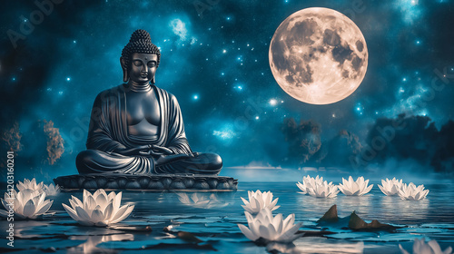 Buddha statue mediating with Lotuses and reflection. Magha Puja, Asanha Puja, and Visakha Puja Day. Buddhist holiday Concept. Generative Ai.