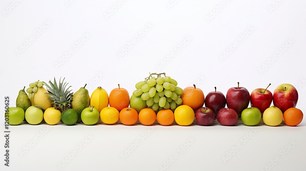 A clean minimalist display of twelve various fruits arranged in two rows of six on a pristine white backdrop showcasing the natural diversity and visual appeal of these edible delights A clean minimalist display of twelve various fruits arranged in two rows of six on a pristine white backdrop showcasing the natural diversity and visual appeal of these edible delights