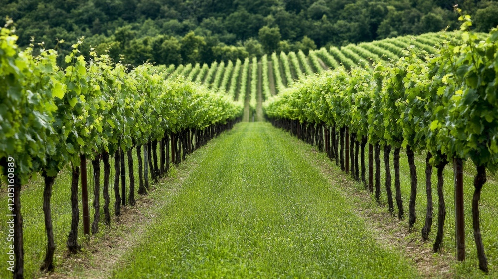 Naklejka premium A peaceful countryside vineyard with rows of grapevines, Vineyard scene, Idyllic style