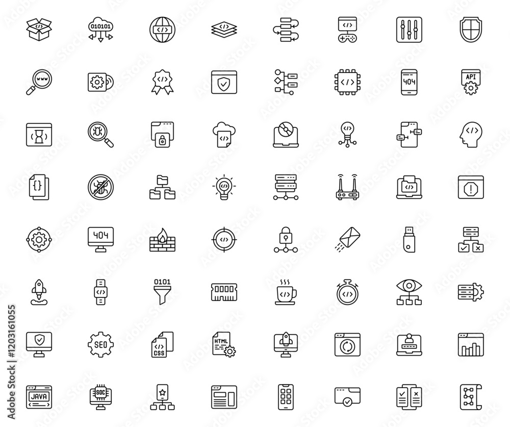 64 Software Development Icons. Programming and software line icons collection. Big UI icon set in a flat design. Thin outline icons pack. 64 Software Development Icons. Programming and software line icons collection. Big UI icon set in a flat design. Thin outline icons pack.