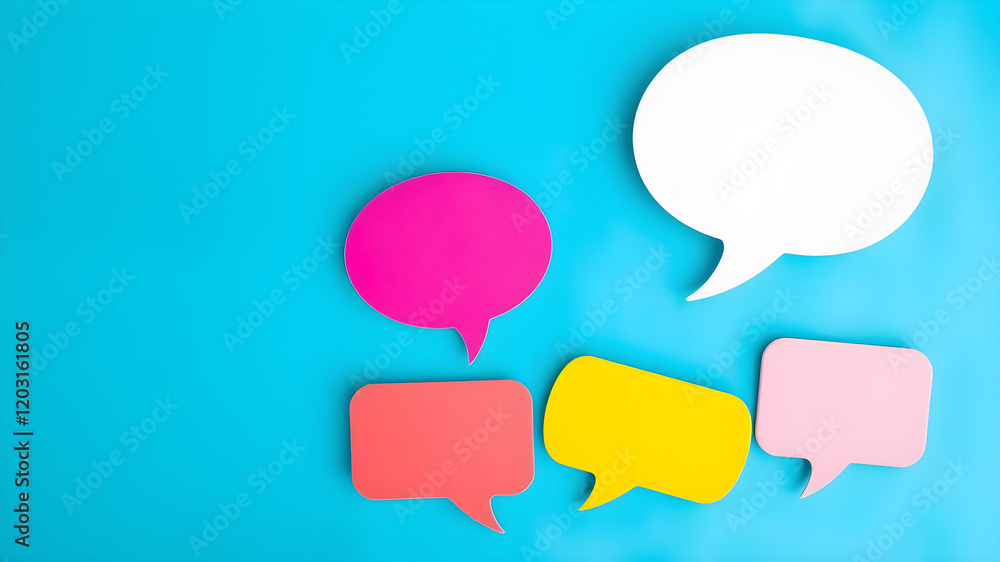 A vibrant blue background is adorned with speech bubbles creating a sense of lively conversation or dynamic interaction. A vibrant blue background is adorned with speech bubbles creating a sense of lively conversation or dynamic interaction.
