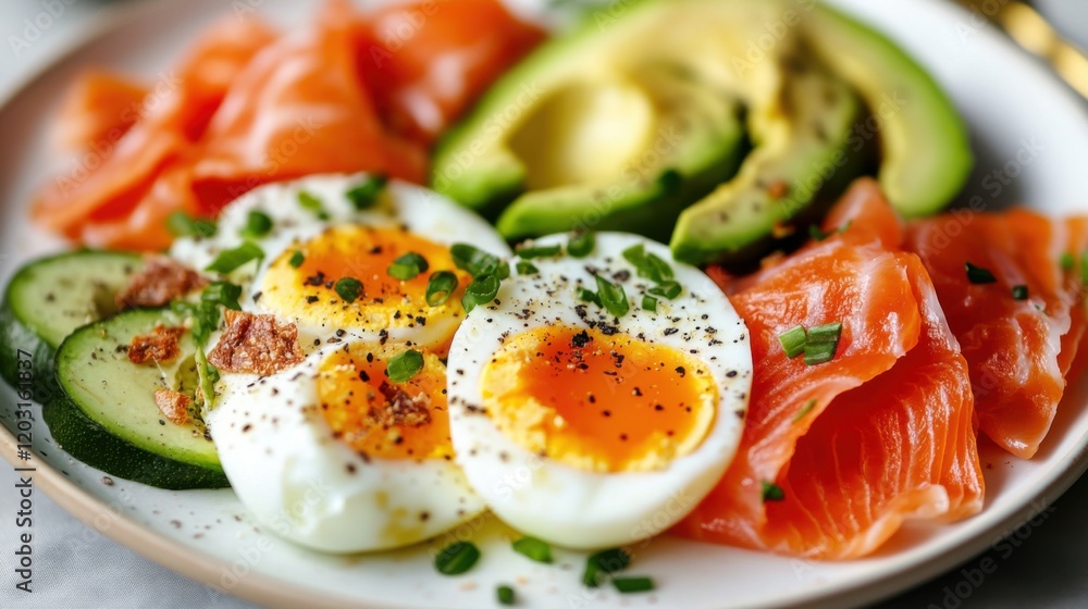 A delicious low-carb breakfast plate, featuring eggs, avocado A delicious low-carb breakfast plate, featuring eggs, avocado