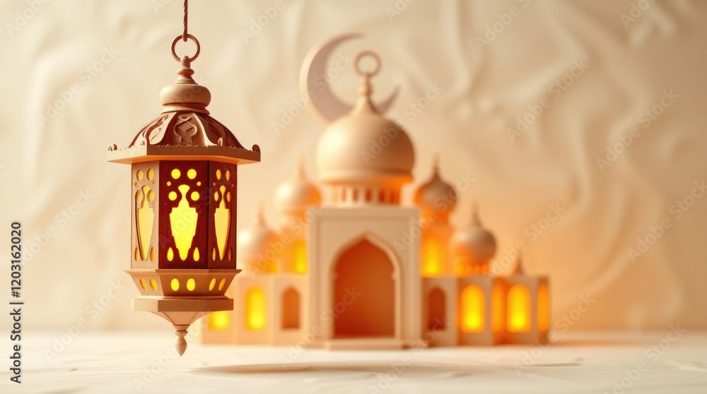 Obraz premium 3D render celebrating Ramadan Kareem. An Arabic lantern, a crescent moon, and a mosque portal are the focal points, crafted from textured papier-mâché in dynamic motion. Blurred background
