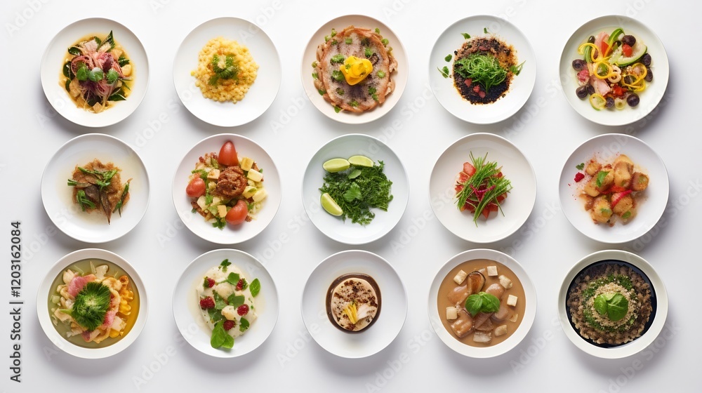 Visually appealing symmetrical arrangement of twelve assorted gourmet dishes presented beautifully against a clean white backdrop showcasing the culinary and attention to detail in food presentation Visually appealing symmetrical arrangement of twelve assorted gourmet dishes presented beautifully against a clean white backdrop showcasing the culinary and attention to detail in food presentation