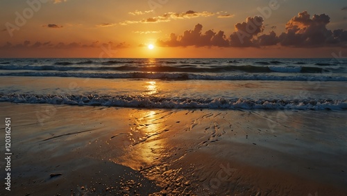 Wallpaper Mural Sunset at the beach . A calm beach sunset with a golden sky reflected in the wet sand. Torontodigital.ca