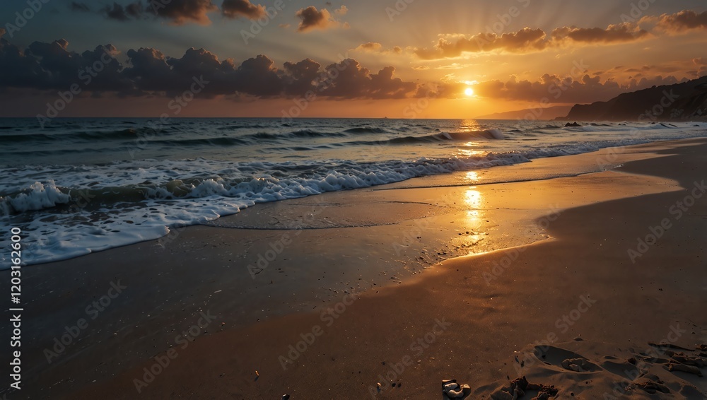 Sunset on the beach . A beach scene at sunset with sun rays visible through clouds. The water reflects the light
