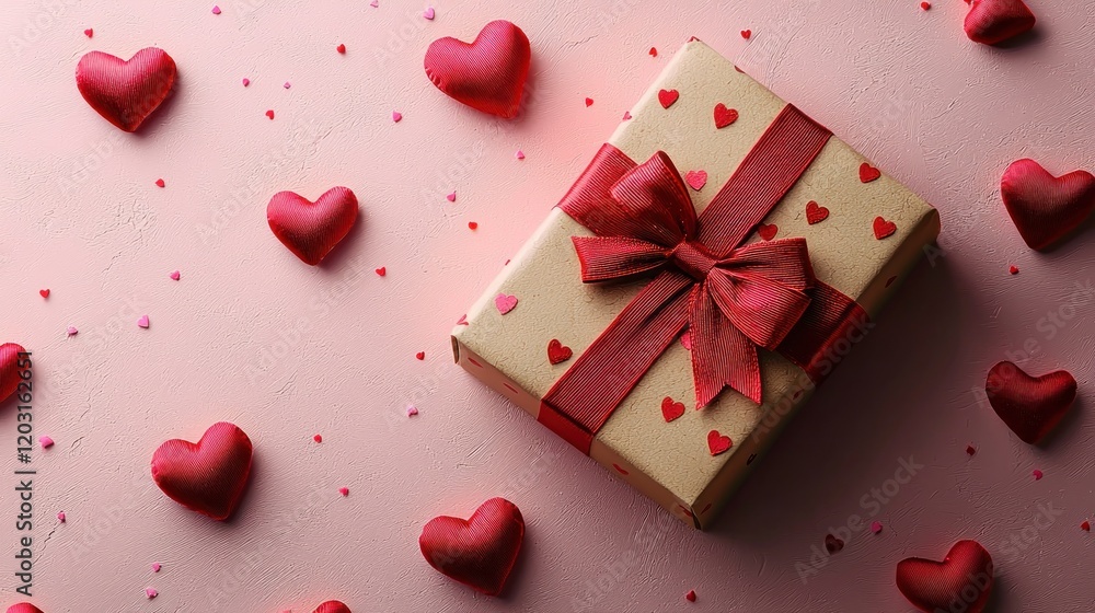 Gift box with red bow and hearts on pink for Valentine's Day Gift box with red bow and hearts on pink for Valentine's Day
