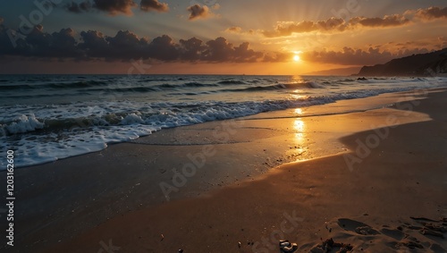 Obraz na płótnie Sunset on the beach . A beach scene at sunset with sun rays visible through clouds. The water reflects the light w salonie