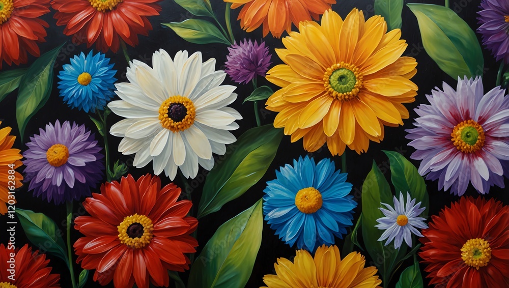 Bouquet of flowers . A digital art piece of vibrant, colourful daisies with dark green leaves and a black background. The flower heads are yellow, white, orange, red, purple, and blue. Background
