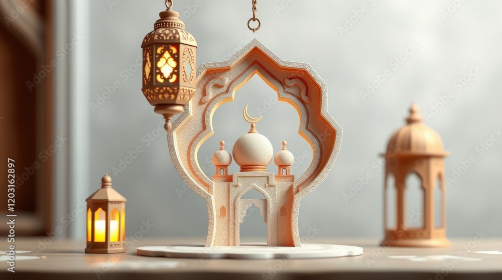 3D render celebrating Ramadan Kareem. An Arabic lantern, a crescent moon, and a mosque portal are the focal points, crafted from textured papier-mâché in dynamic motion. Blurred background 3D render celebrating Ramadan Kareem. An Arabic lantern, a crescent moon, and a mosque portal are the focal points, crafted from textured papier-mâché in dynamic motion. Blurred background