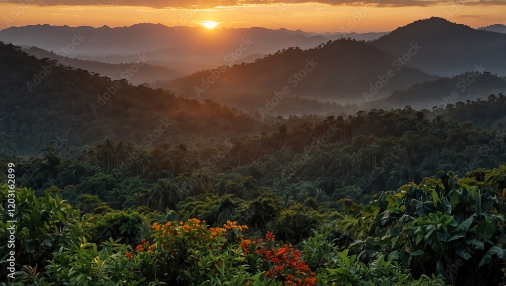 Sunrise in the mountains . A sunrise over misty mountains. The sun is a central light spot over multiple shaded ridgelines.