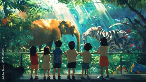 * Kids marveling at animals during a zoo trip.