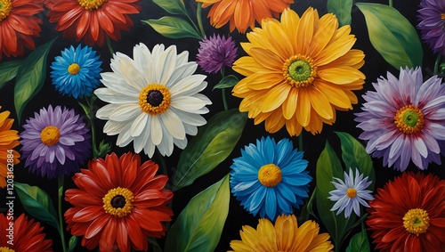 Obraz na płótnie Bouquet of flowers . A digital art piece of vibrant, colourful daisies with dark green leaves and a black background. The flower heads are yellow, white, orange, red, purple, and blue. Background w salonie