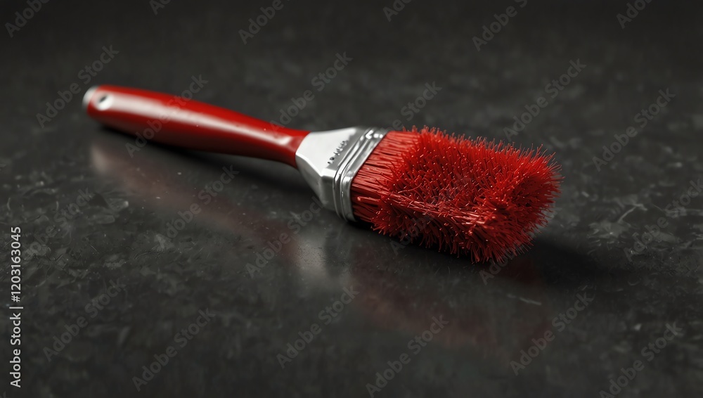 Brush with paint .Red paintbrush resting on a dark, reflective surface.