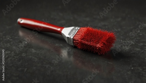 Obraz na płótnie Brush with paint .Red paintbrush resting on a dark, reflective surface. w salonie