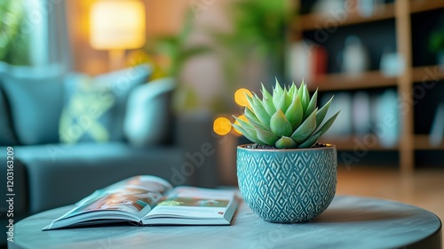 Cozy Living Room Scene with Potted Plant and Open Magazine