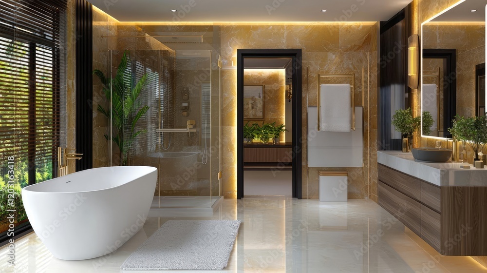 Luxurious modern bathroom design, featuring a freestanding tub, walk-in shower, and natural light