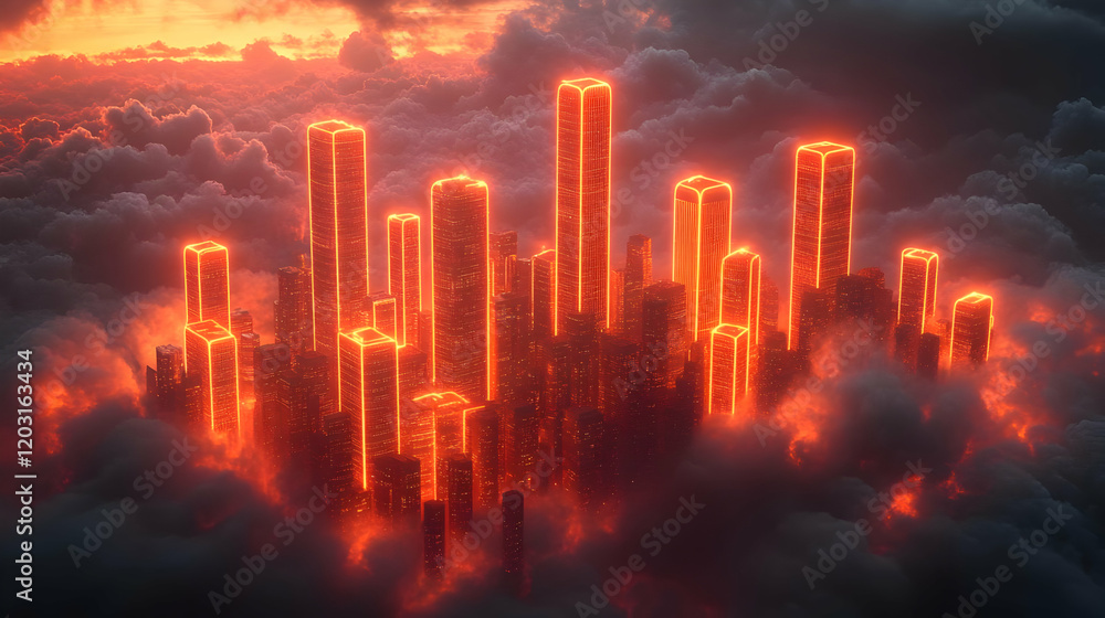Obraz premium Fiery Cityscape above the Clouds: A Digital Fantasy