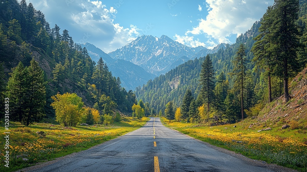 Naklejka premium Mountain road journey, scenic valley, wildflowers, sunny day, travel