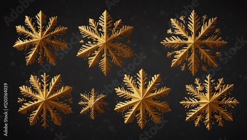 Golden Christmas tree . Six golden, intricate snowflake illustrations . A dark background . 
