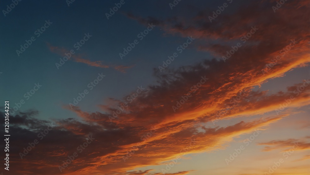 Clouds in the sky . A dramatic sunset with orange clouds spanning the lower half of the image set against a deep blue sky.
