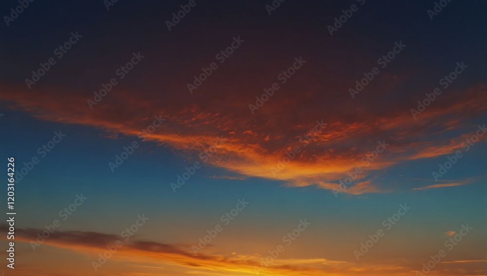 Sunset in the sky . A photo of an orange cloud formation during sunset . The sky transitions from dark blue to orange as the sun sets.