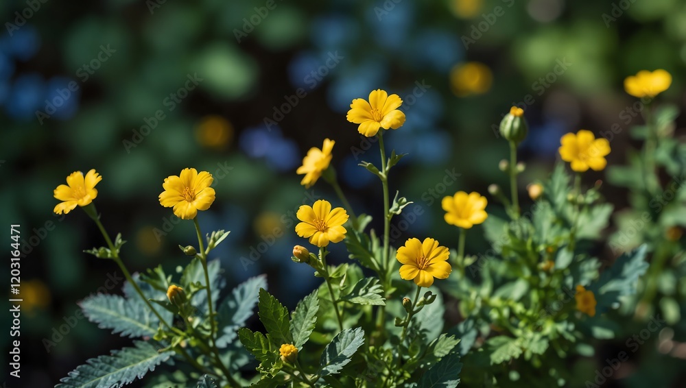 Yellow flowers in the garden . Close-up shot of yellow flowers in a garden. The vibrant colour and bokeh suggest a nature or landscape theme