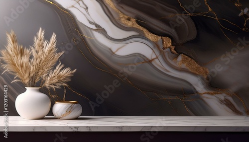 a beautiful marble surface characterized by a blend of soft whites, grays, and golden veining photo