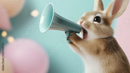A charming and expressive rabbit enthusiastically holding a pastel-colored megaphone, captured against, speaks loudly into microphone, promotion, sale and discounts, message and important information