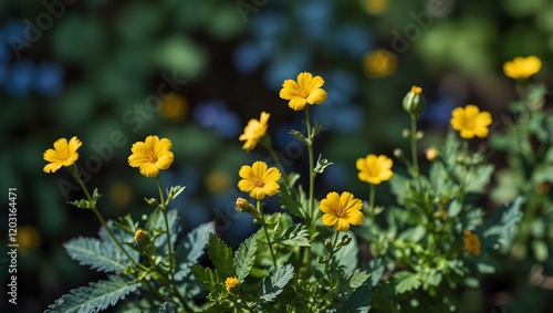 Obraz na płótnie Yellow flowers in the garden . Close-up shot of yellow flowers in a garden. The vibrant colour and bokeh suggest a nature or landscape theme w salonie