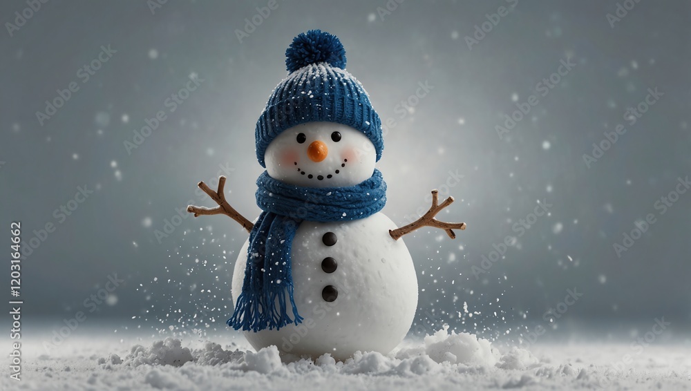 Snowman on the snow . A festive, cheerful snowman with a blue hat and scarf is pictured in a snowy scene.