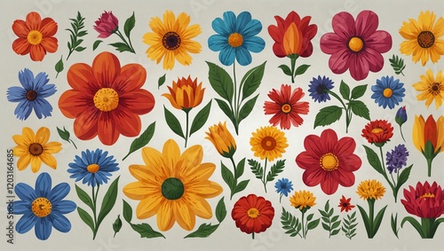 Spring flowers background . A variety of colourful illustrated flowers, including daisies, zinnias . stylized blooms, are scattered across a pale background 