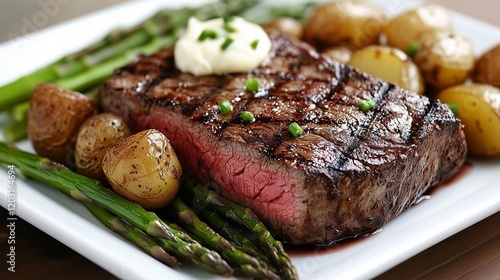 beef steak with potato and asparagus and ranch photo